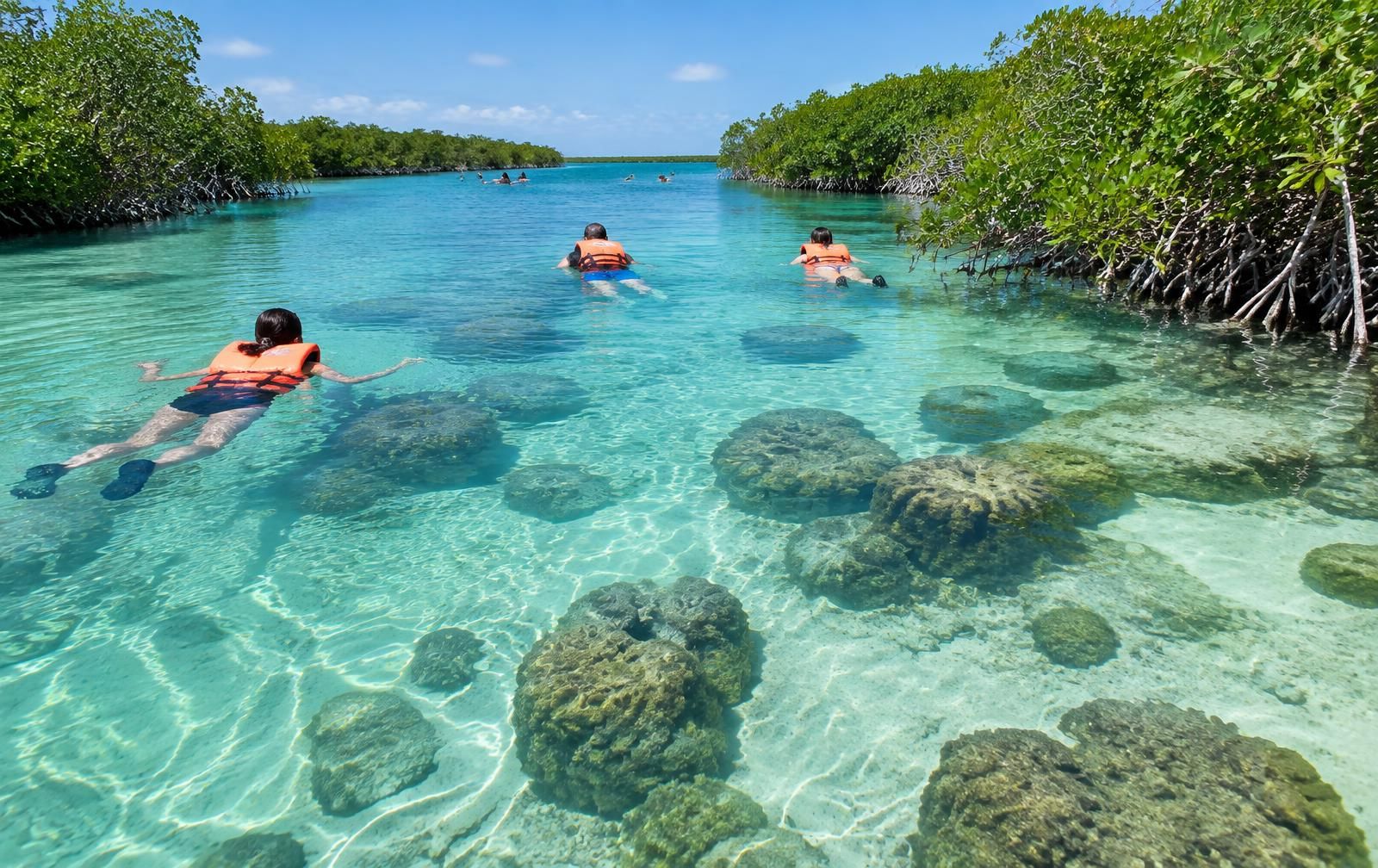Personas nadando en el agua turquesa de la Laguna de Bacalar