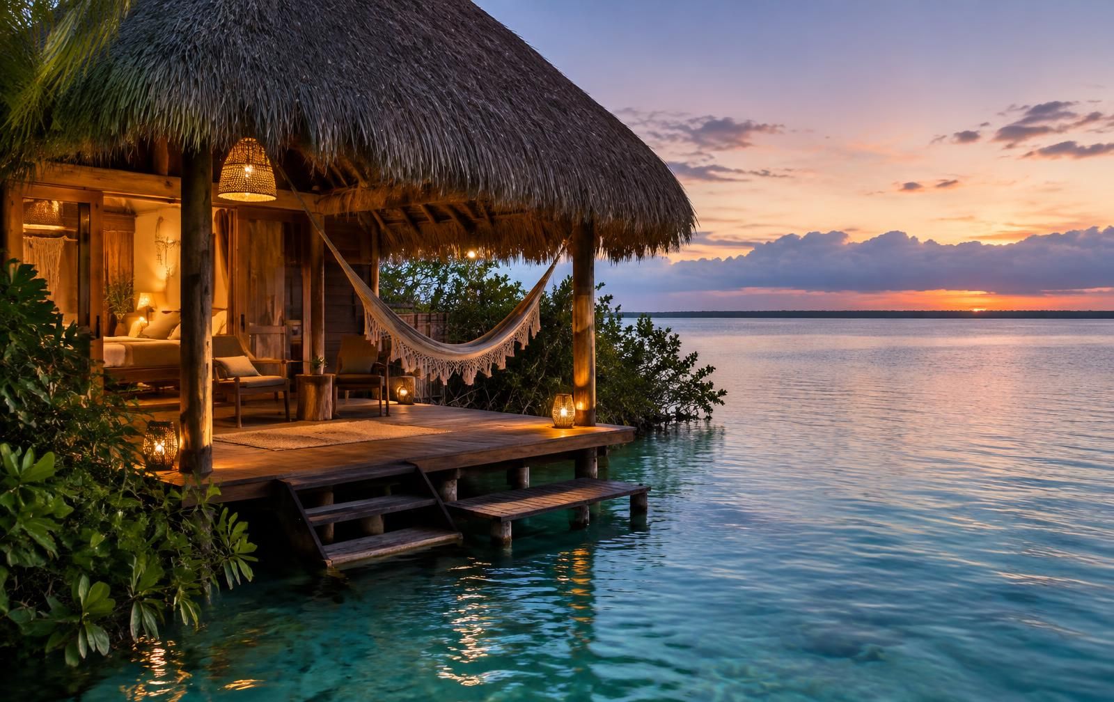 Una palapa sobre la Laguna de Bacalar al atardecer