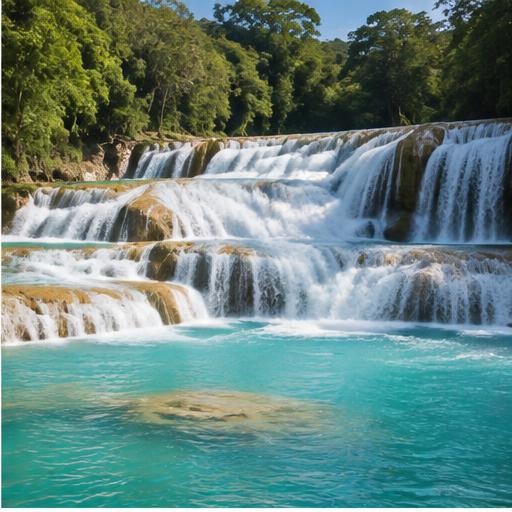 Turquoise waterfalls in the Chiapas rainforest
