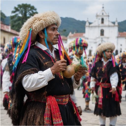 Community members in traditional dress in the Chiapas highlands