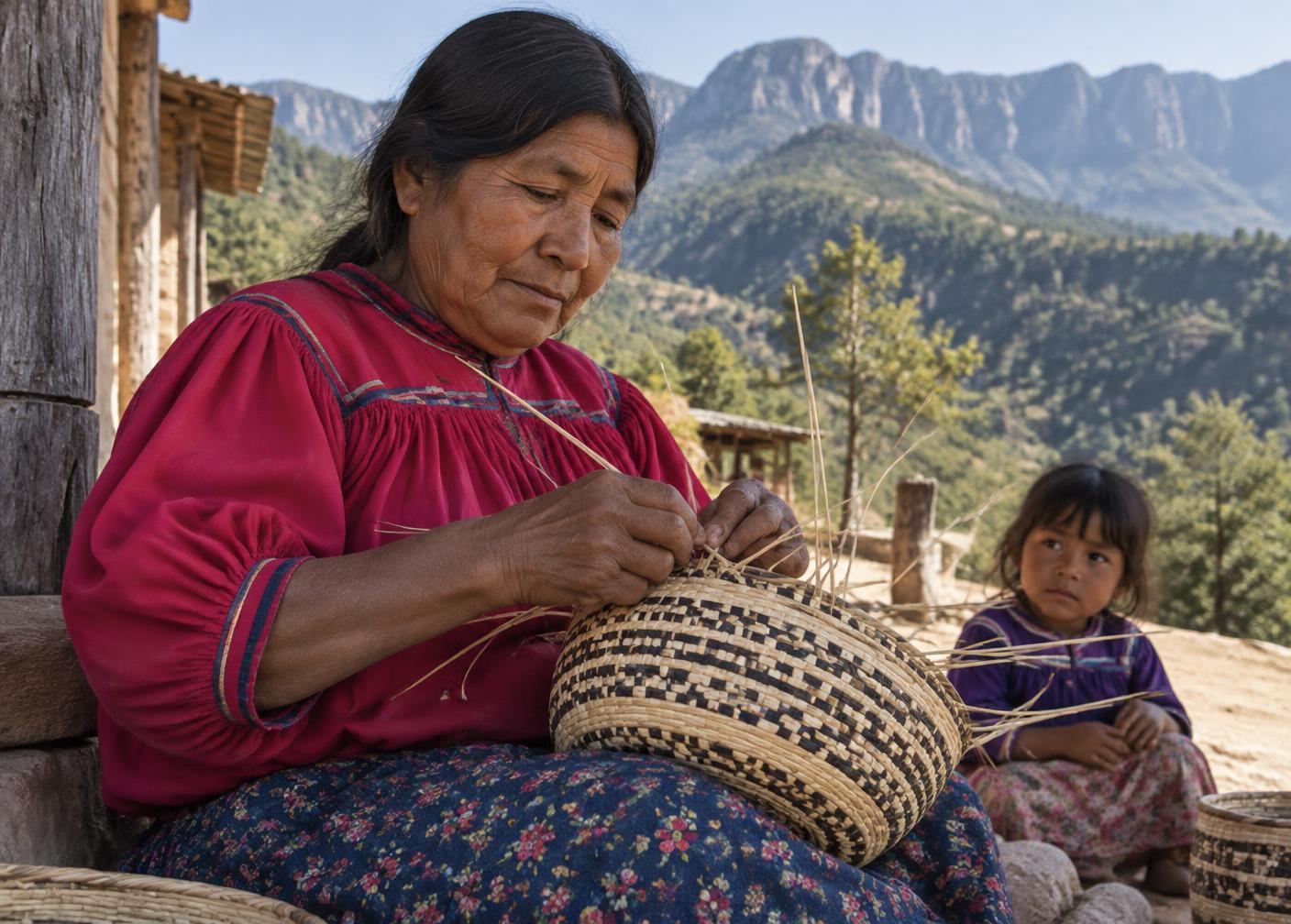 A Rarámuri woman weaving a basket with a child beside her