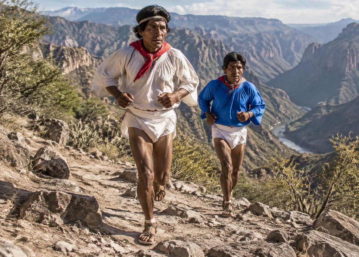Rarámuri runners on a rocky canyon trail