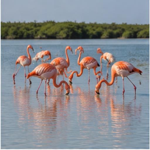 Pink flamingos wading in shallow wetland water