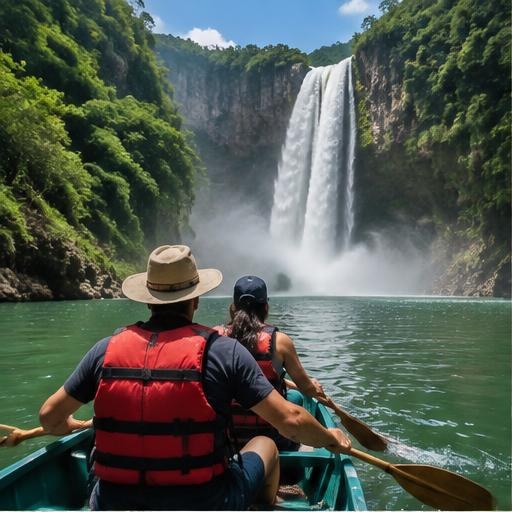 Travelers paddling toward a jungle waterfall in the Huasteca Potosina