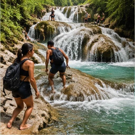 Hikers crossing a turquoise waterfall in the Huasteca Potosina