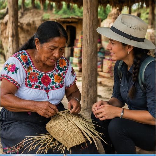 A local artisan teaching a traveler to weave palm in the Huasteca
