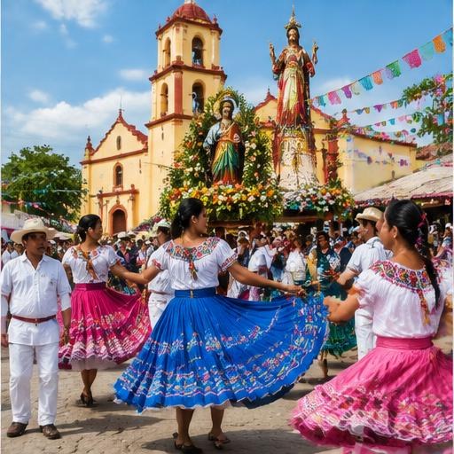 Dancers in colorful skirts at a town fiesta in front of a church