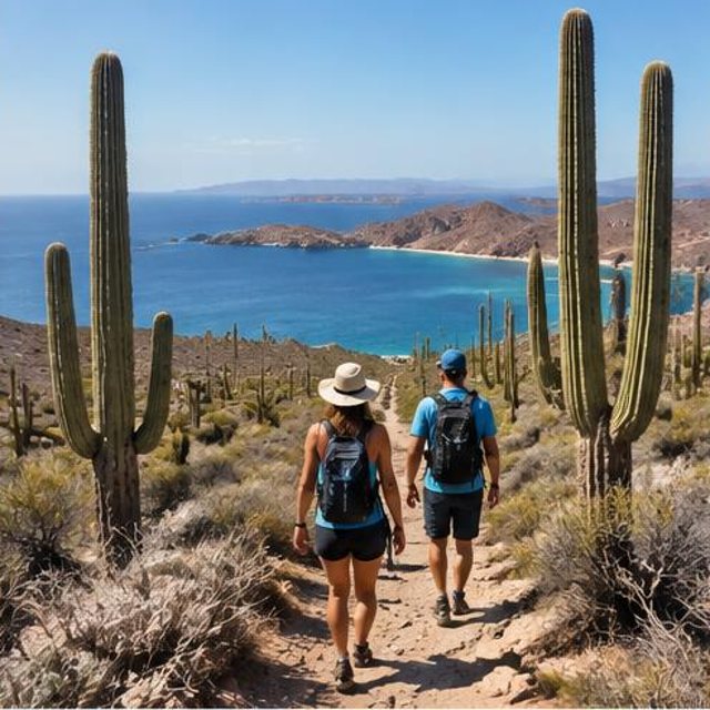 Hikers walking among tall cacti above the Sea of Cortez