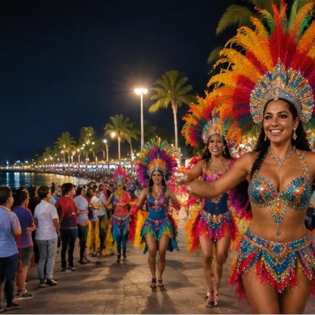 Carnival dancers in feathered costumes on the La Paz waterfront