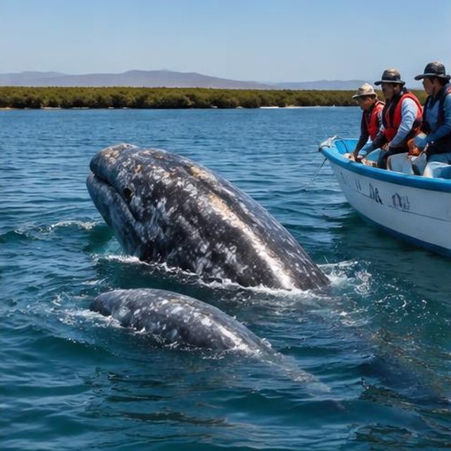 A gray whale surfacing beside a small boat in Baja California