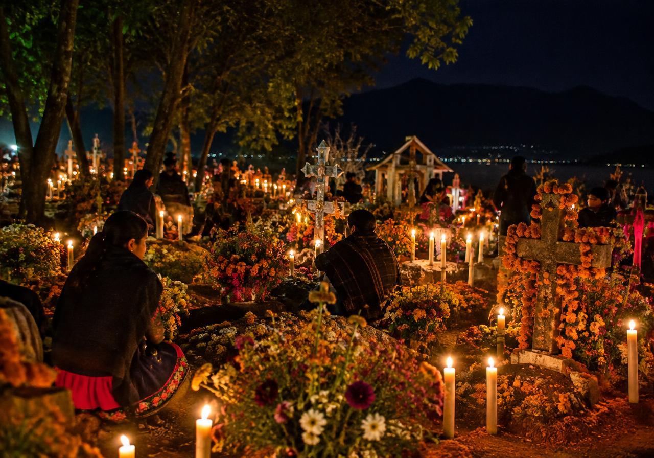Candlelit graves decorated with flowers during Día de Muertos in Michoacán