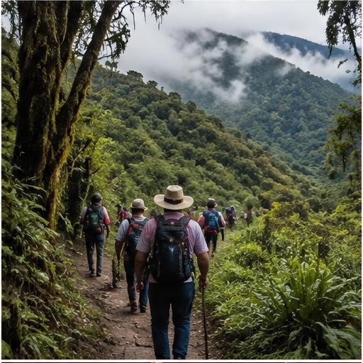 Hikers on a forest trail in the mountains of Oaxaca