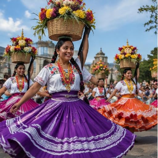 A Guelaguetza dancer in traditional Oaxacan dress carrying a flower basket