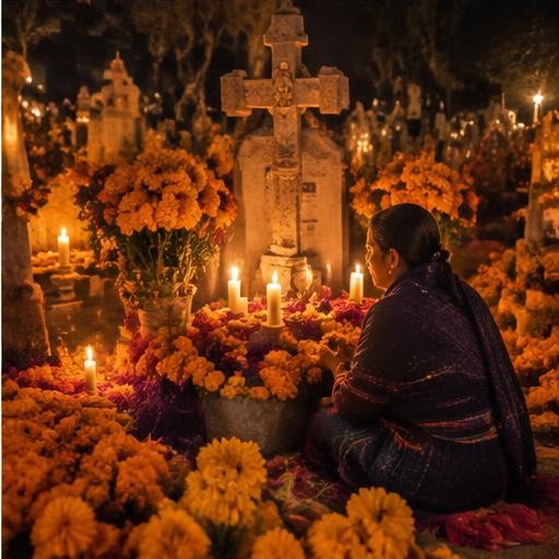 A cemetery altar covered with marigolds and candles in Oaxaca