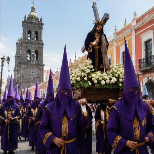 A Holy Week procession with purple-robed participants in Puebla