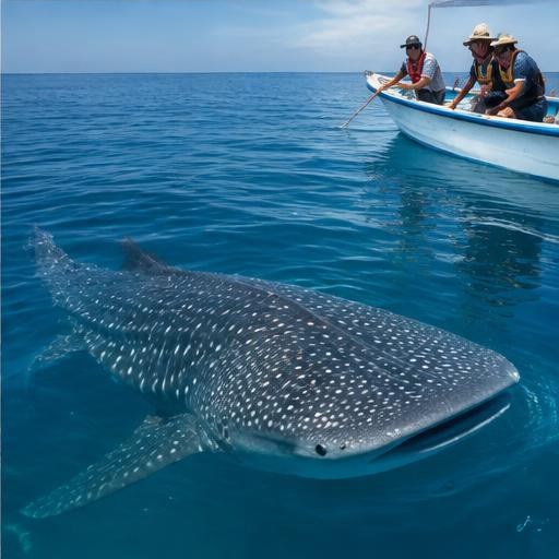A whale shark swimming near a boat in the Mexican Caribbean