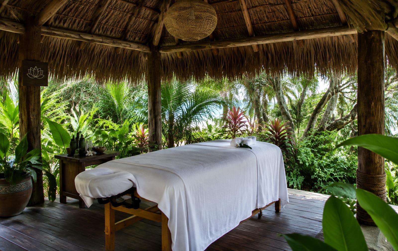 Una palapa de spa al aire libre rodeada de plantas tropicales