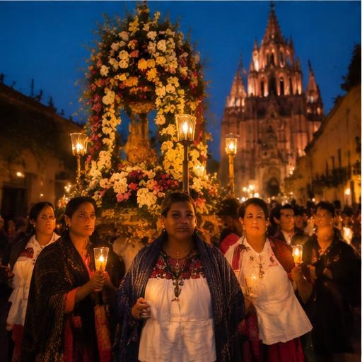 A candlelit procession through the streets of San Miguel de Allende at night