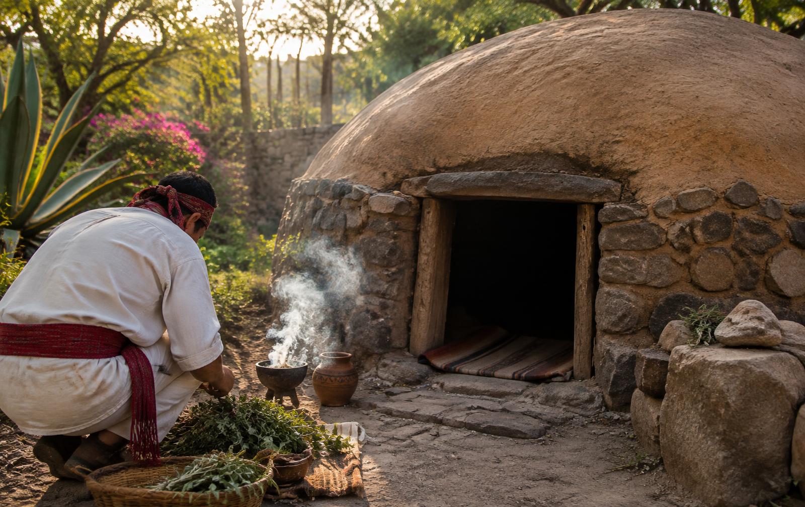 Un temazcal tradicional de piedra y adobe con humo de copal en la entrada