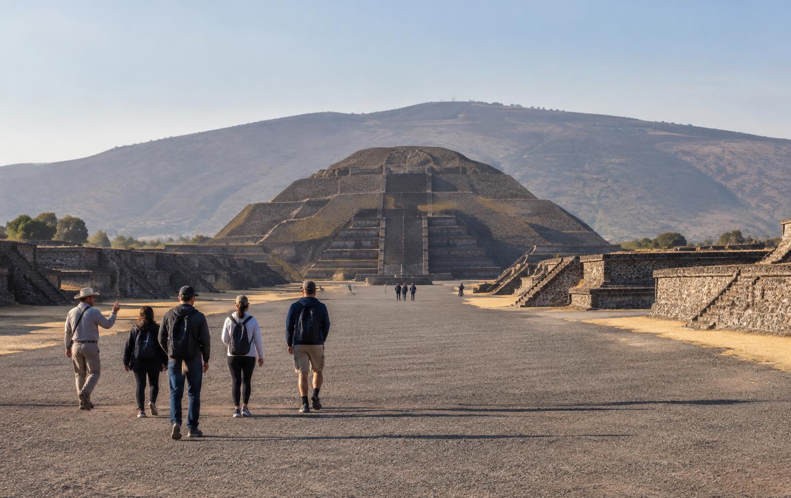 Un grupo guiado caminando hacia la Pirámide de la Luna en Teotihuacán