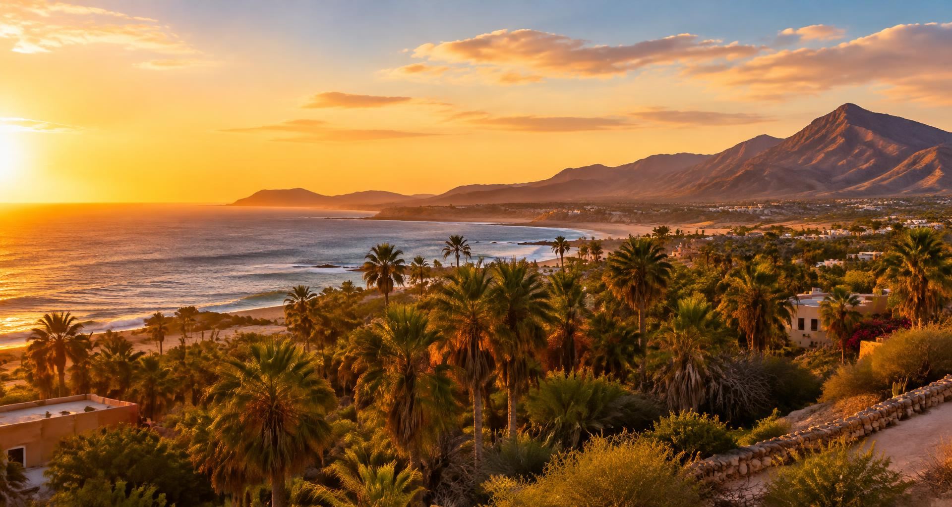 Oasis de palmas y montañas del desierto cerca de Todos Santos al atardecer